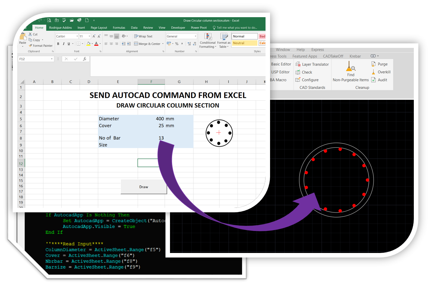 How to draw Circular Column in AutoCAD using Excel VBA